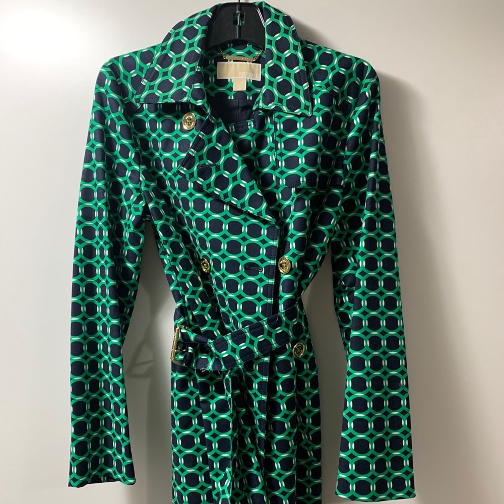 Unknown Brand Green & Navy Geometric Trench Coat